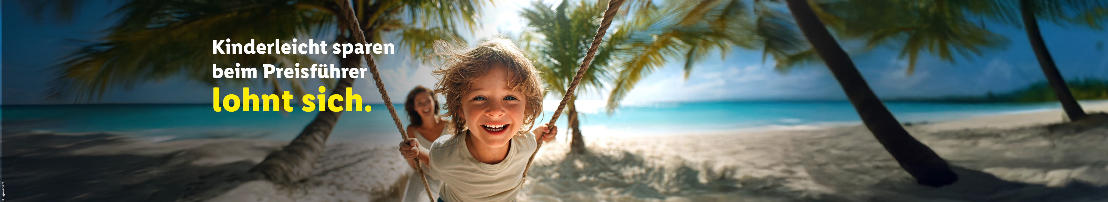 Kinderleicht sparen lohnt sich. Nahaufnahme eines freudig lachenden Kindes auf einer Schaukel am Strand. Im Hintergrund ist eine lächelnde Frau vor einer Kulisse aus weißem Sand, Palmen und türkisfarbenem Meer zu sehen