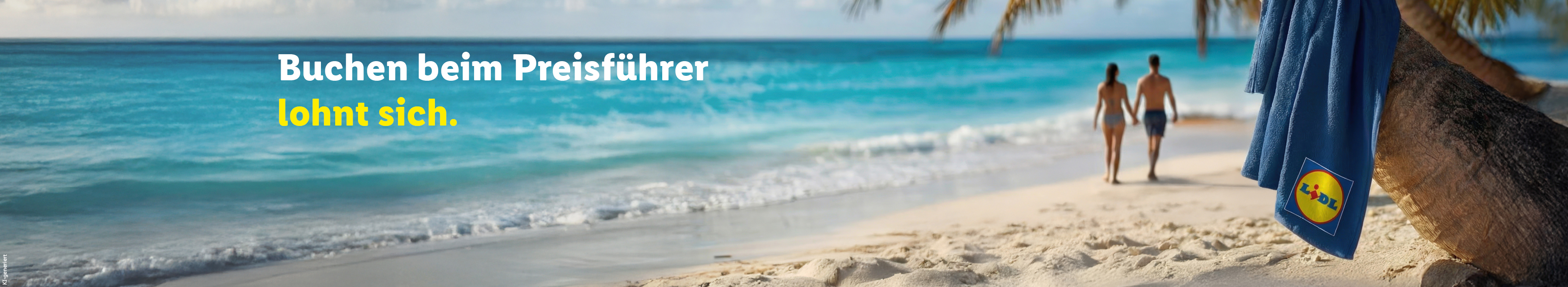 Buchen beim Preisführer lohnt sich. Ein junges Paar geht Händchen haltend auf einem weißen Sandstrand auf das türkisfarbene Meer zu. Rechts im Vordergrund lehnt eine Palme, an der ein blaues Handtuch mit dem Lidl-Logo hängt