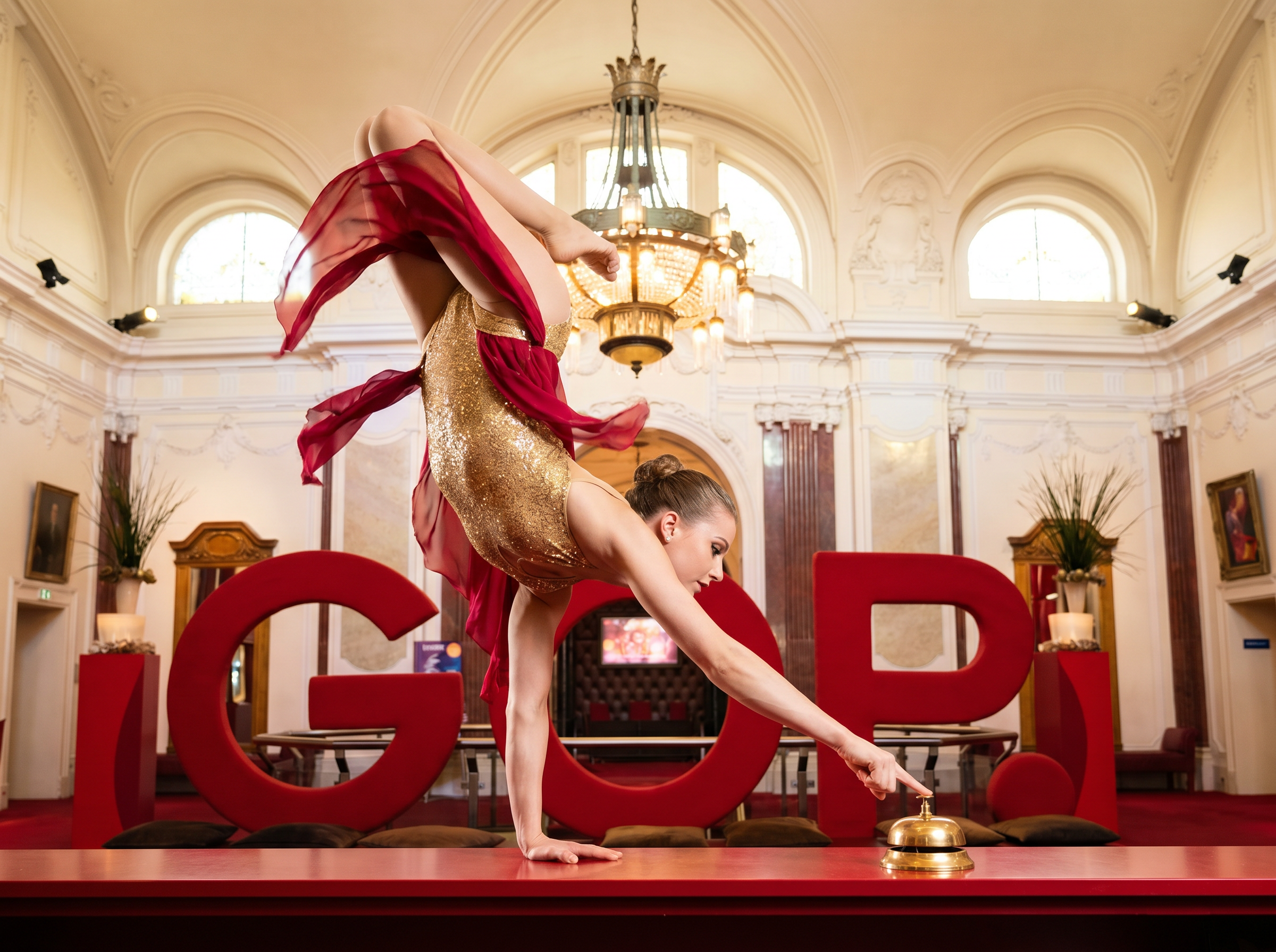 Kontorsion und Handstandakrobatik im Kaiserpalais:Eine Akrobatin im glitzernden goldenen Body mit roten Chiffon-Elementen vollführt einen einarmigen Handstand auf einem roten Tresen. Mit der freien Hand drückt sie elegant auf eine goldene Hotelklingel, während sie ihre Beine in einer extremen Verbiegung (Kontorsion) über den Körper streckt. Im prunkvollen, historischen Saal des GOP Bad Oeyenhausen stehen im Hintergrund große, rote Buchstaben, die das Wort „GOP“ bilden, unter einem imposanten Kronleuchter.