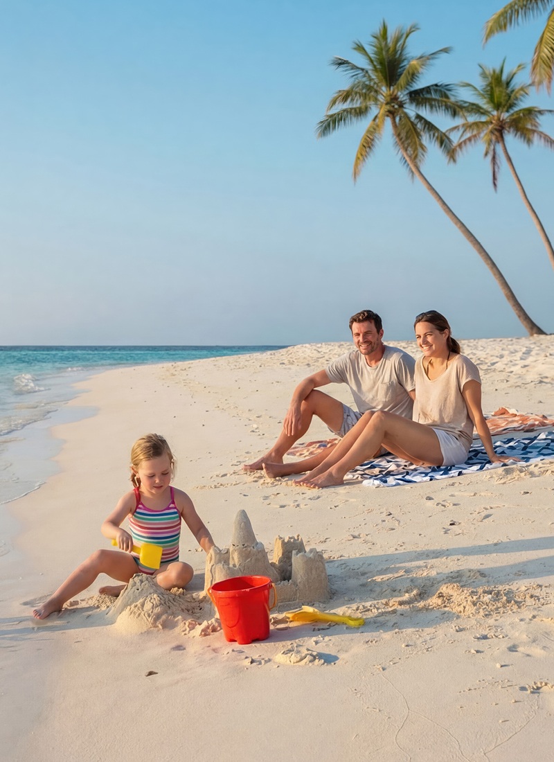 Familie entspannt am Tropenstrand, während das kleine Mädchen eine Sandburg baut.
