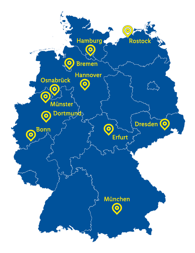 Deutschlandkarte auf blauem Grund mit gelben Standort-Pins in verschiedenen Städten von Hamburg bis München.