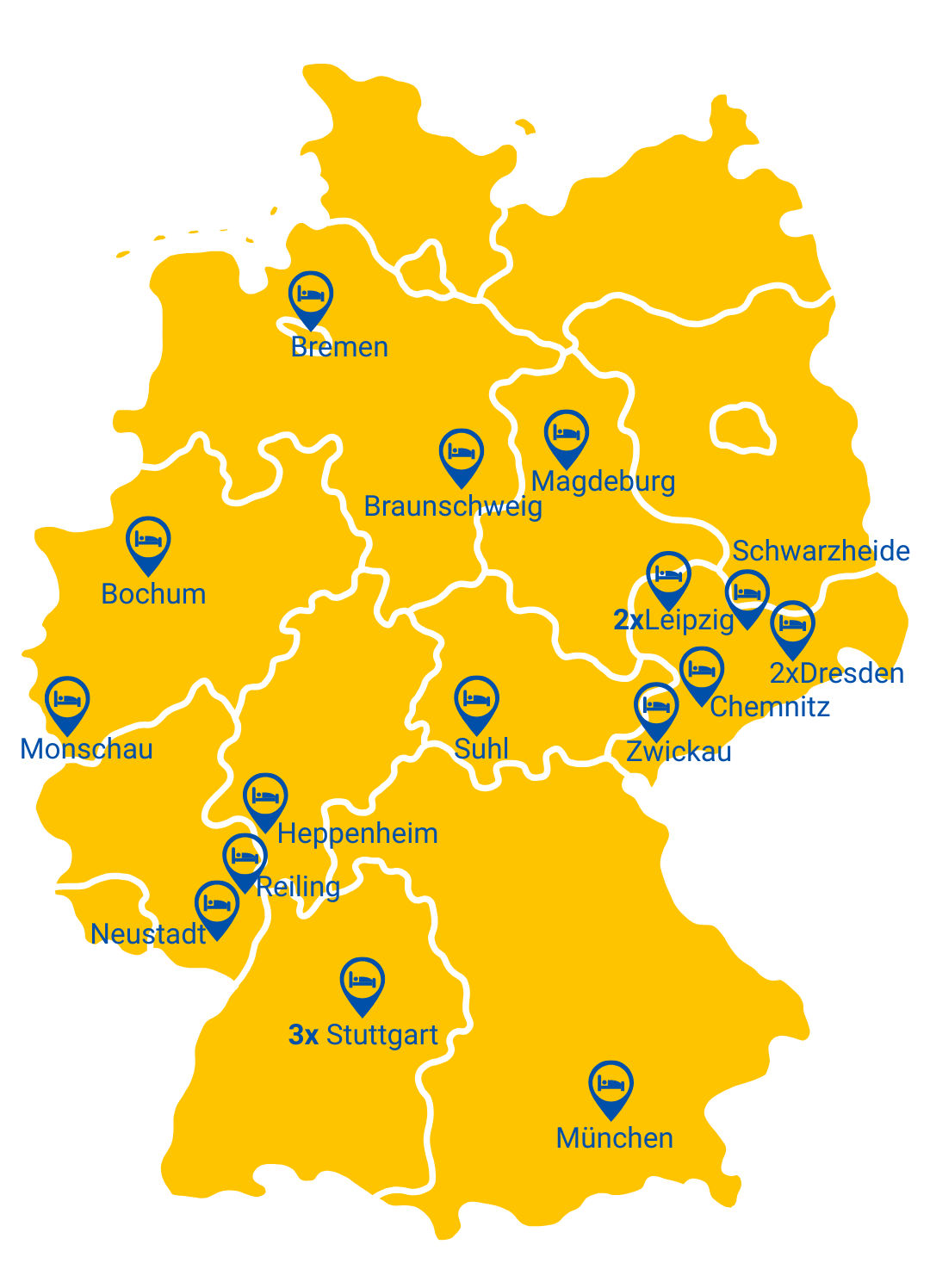 Deutsche Landkarte mit Destinationen von AOVO-Reisen, die mit dem Zug erreichbar sind.