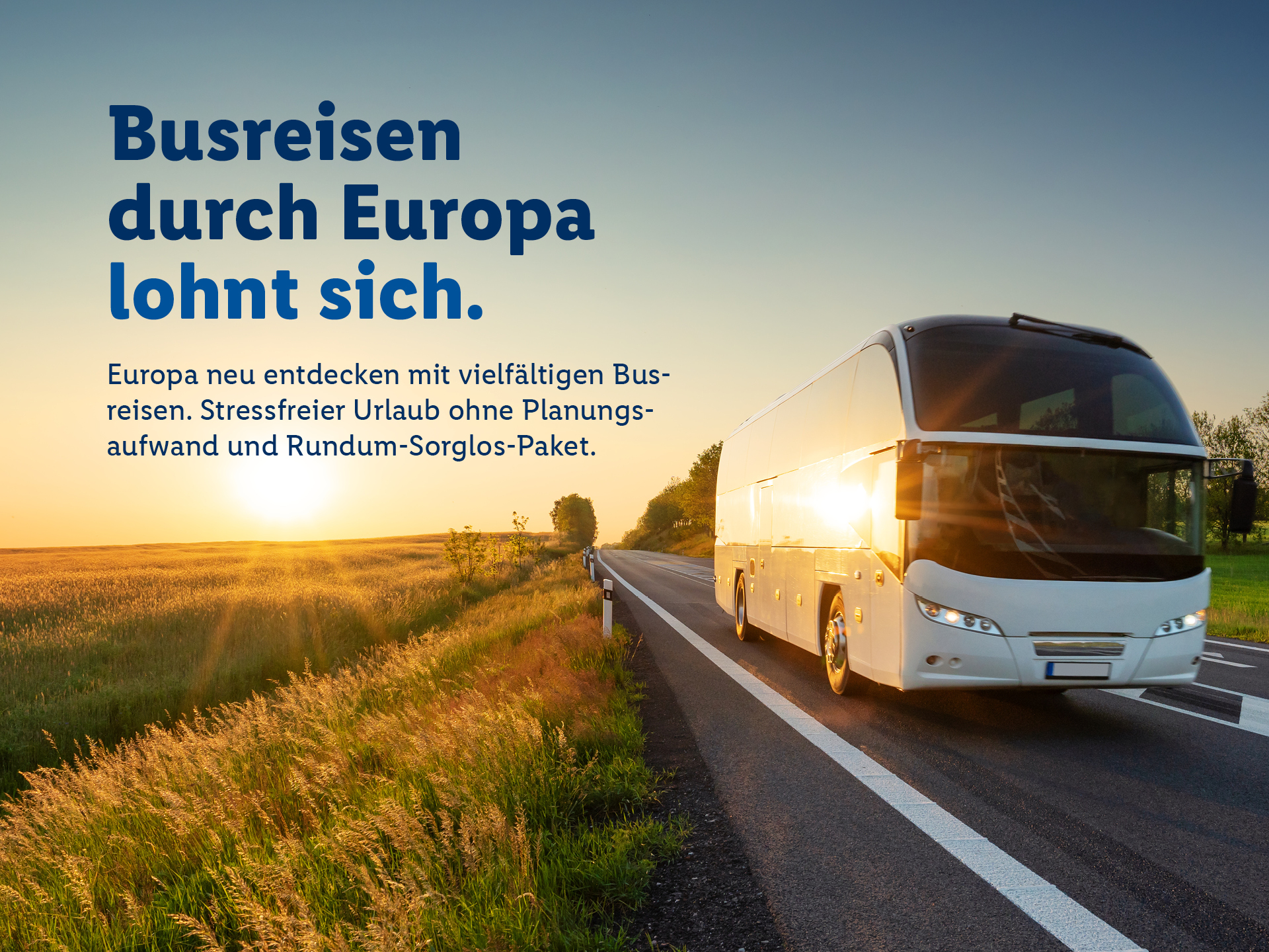 Busreisen Hero-Bild von Lidl Reisen & Experiences: Ein Reisebus auf einer Landstraße, im Hintergrund ist ein Sonnenuntergang zu sehen. 