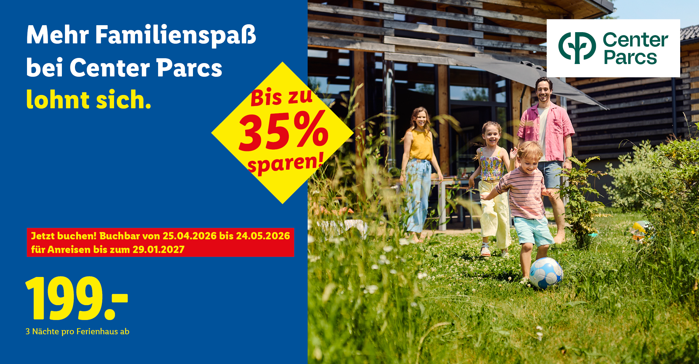 Lidl Reisen Center Parcs Angebote ab 199 € für 3 Nächte im Ferienhaus. Beim Klick wird auf die Angebotsseite weitergeleitet. 