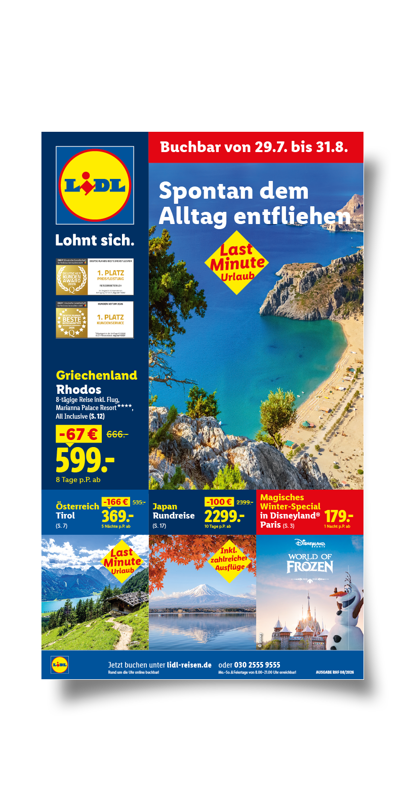 Titelseite des Lidl Reisen Hauptflyers für August 2026.