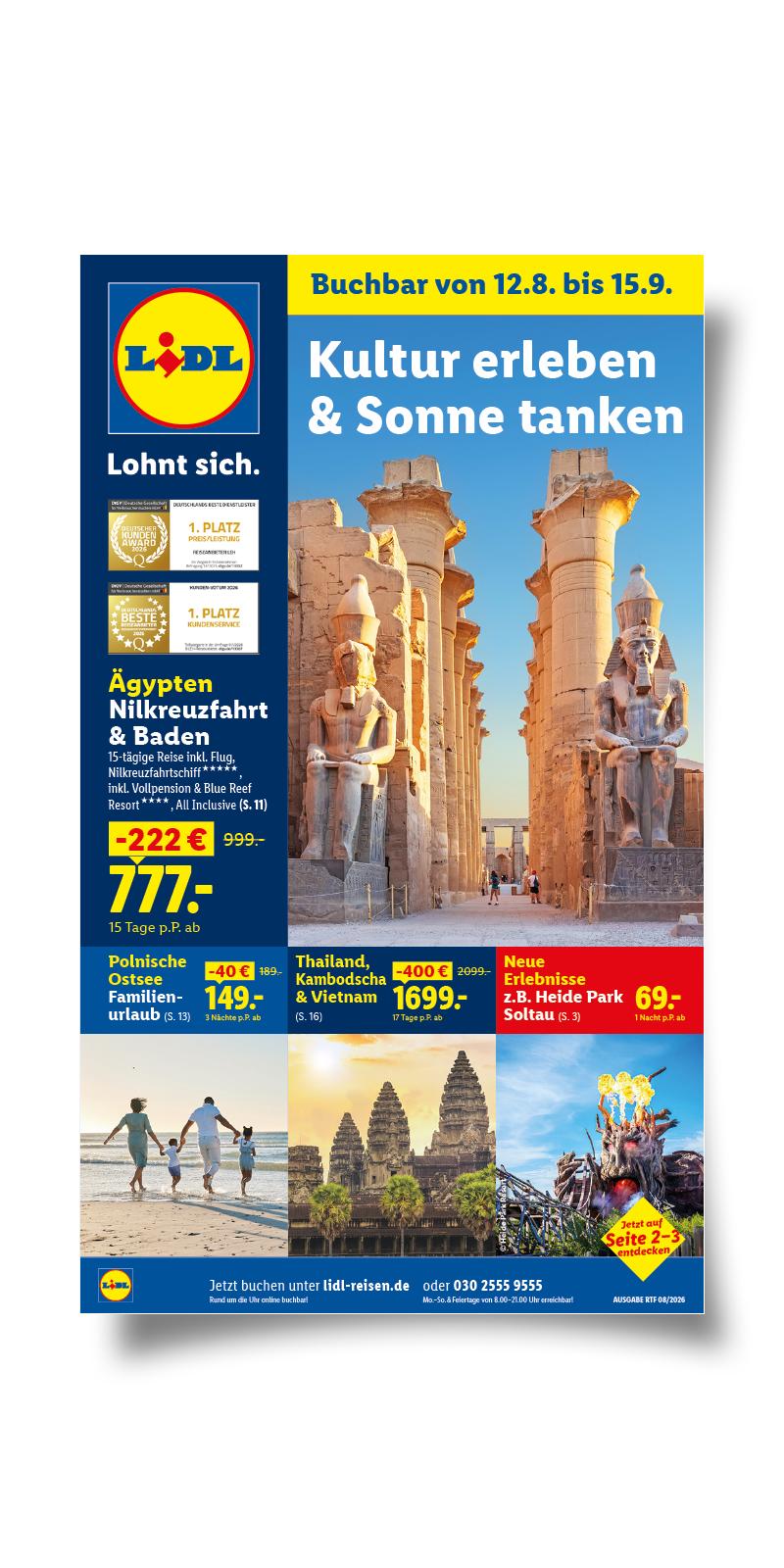 Titelseite des Lidl Reisen Themenflyers für August 2026.
