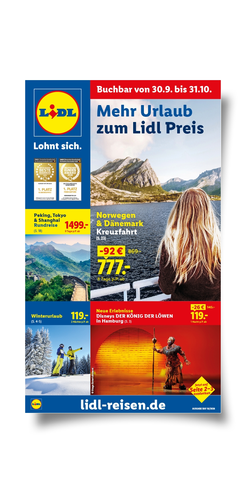 Titelseite des Lidl Reisen Hauptflyers für Oktober 2026.