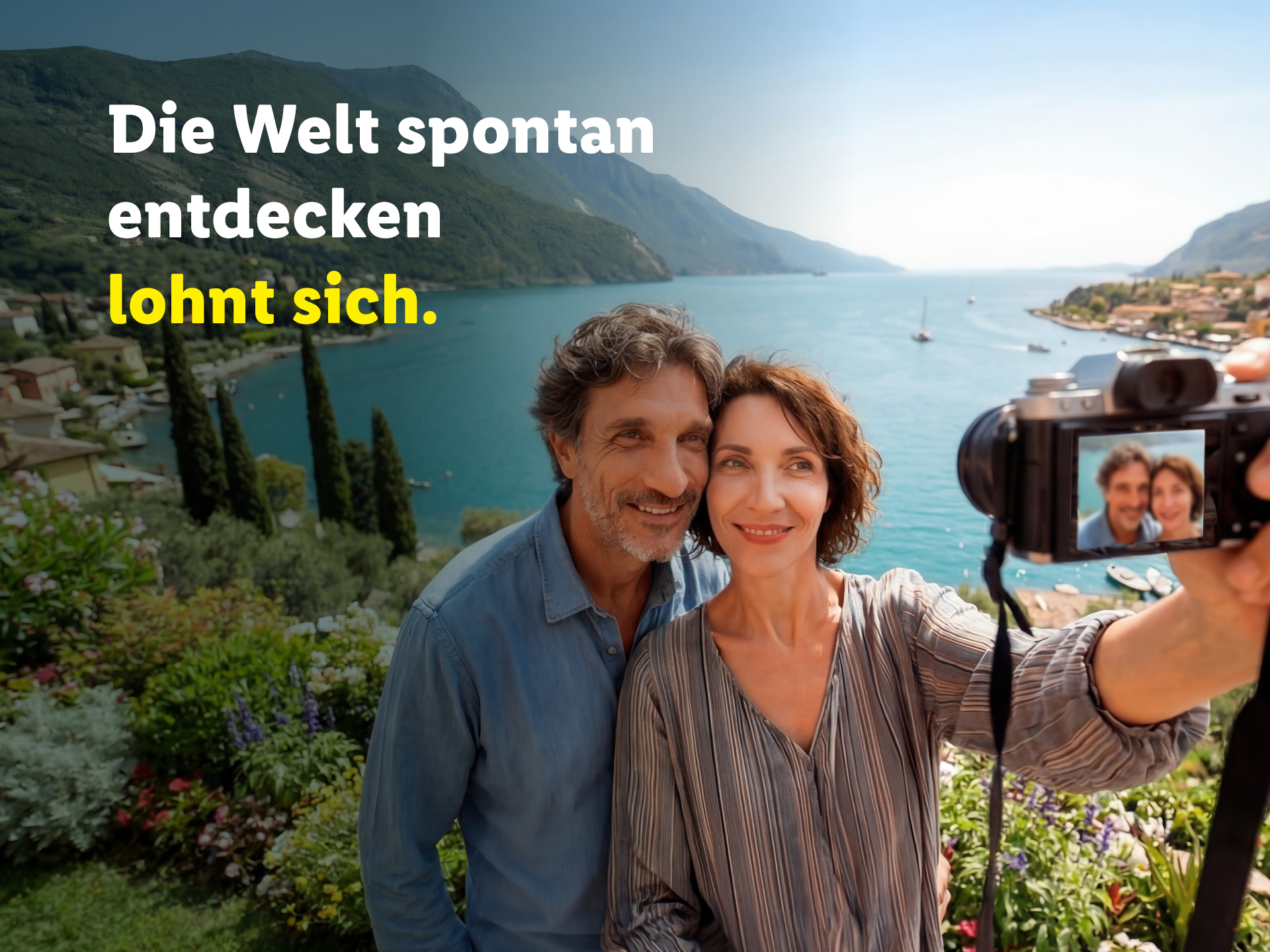 Ein lächelndes Paar macht ein Selfie vor einer malerischen Kulisse an einem italienischen See. Im Hintergrund erstreckt sich blaues Wasser mit Segelbooten, umgeben von bewaldeten Bergen und einer charmanten Küstenstadt. Rechts im Vordergrund hält eine Hand die Kamera, auf deren Display das Paar zu sehen ist. Links steht der Text: „Die Welt spontan entdecken lohnt sich.“.