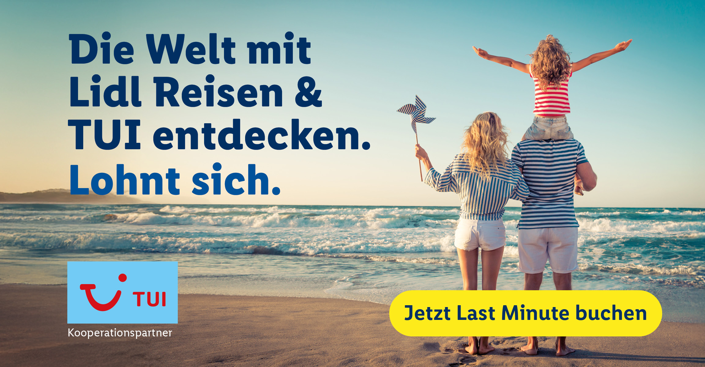 Die Welt mit Lidl Reisen & TUI entdecken. Lohnt sich. TUI-Logo mit dem Zusatz „Kooperationspartner“ Jetzt Last Minute buchen.