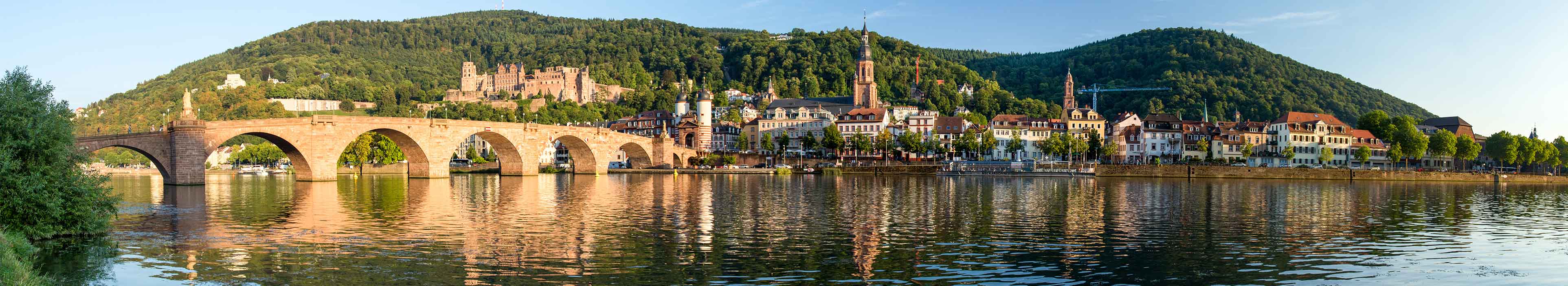 Ausblick auf die Stadt Heidelberg in Baden-Wuerttemberg an einem sonnigen Tag am Fluss. 