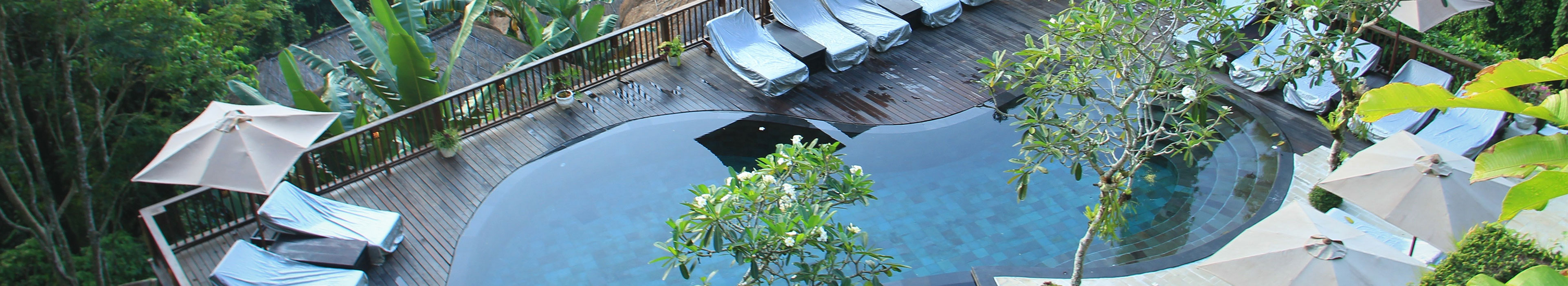 Hotel im Dschungel von Bali, Pool und Liegestühle.