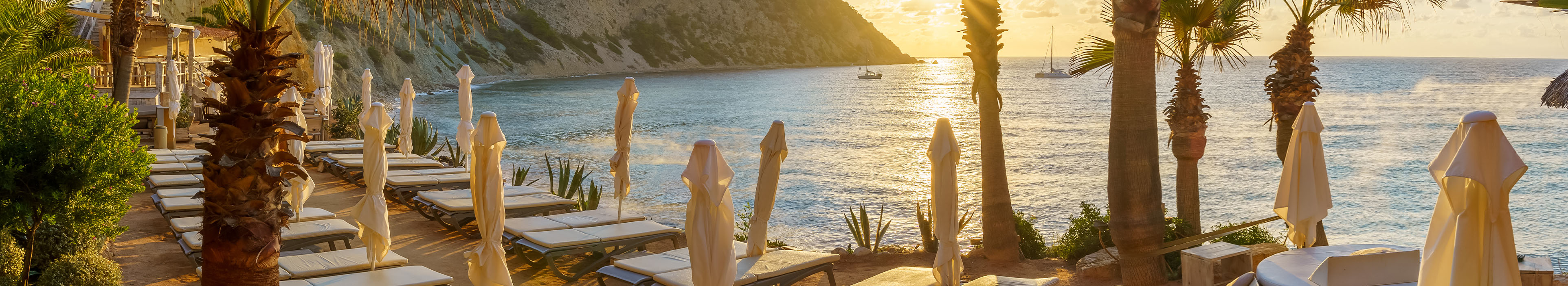 Liegestühle und Sonnenschirme, Palmen an einem Strand auf Ibiza.