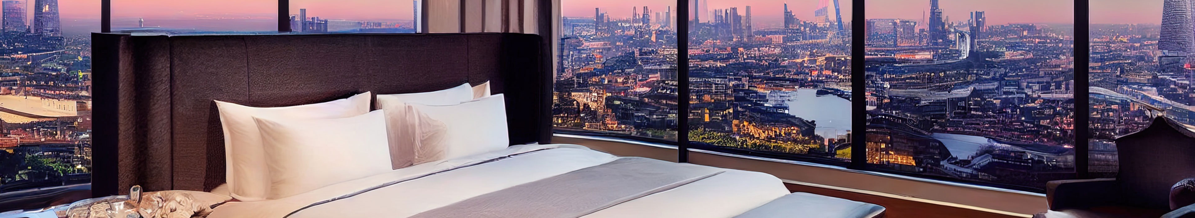 Hotelzimmer mit dem Blick auf die Londoner Skyline.