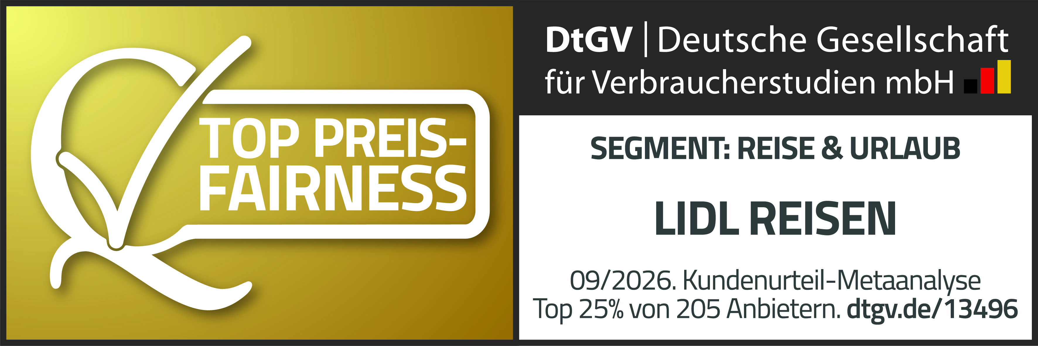 TOP PREIS-FAIRNESS. DtGV | Deutsche Gesellschaft für Verbraucherstudien mbH. SEGMENT: REISE & URLAUB. LIDL REISEN. 09/2026. Kundenurteil-Metaanalyse. Top 25% von 205 Anbietern. dtgv.de/13496.