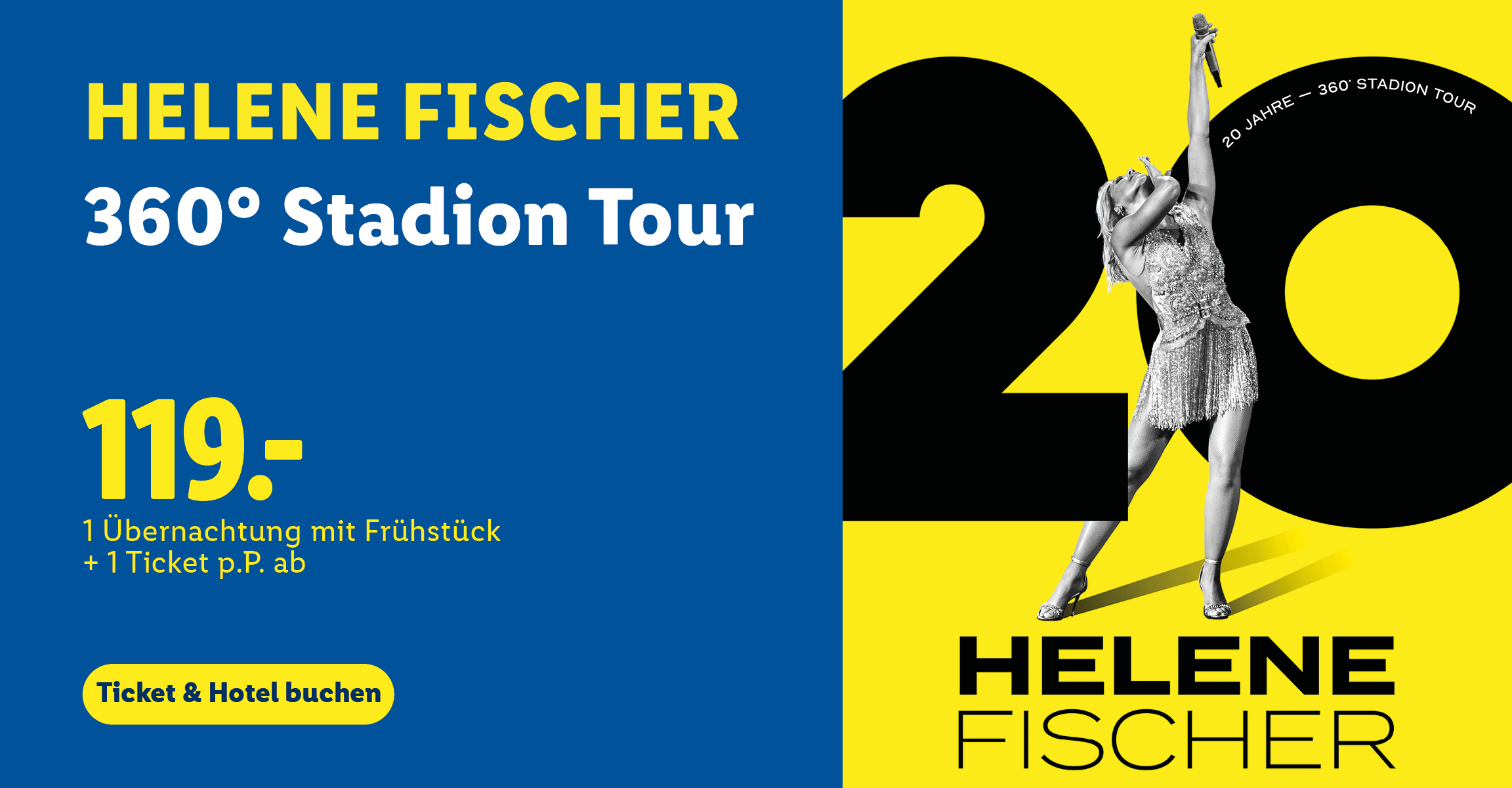 Helene Fischer 360° Stadion Tour. 1 Übernachtung mit Frühstück + 1 Ticket p.P. ab 119€. Ticket & Hotel buchen. Rechts daneben werden vier quadratische Motive in den Farben Türkis, Gelb, Hellblau und Pink gezeigt. Jedes Motiv kombiniert ein Foto von Helene Fischer mit einer großen schwarzen „20“ und nennt die Tourdaten für Frankfurt (19.06.), Köln (26.06.), Hannover (07.07.) und Zürich (14.07.).