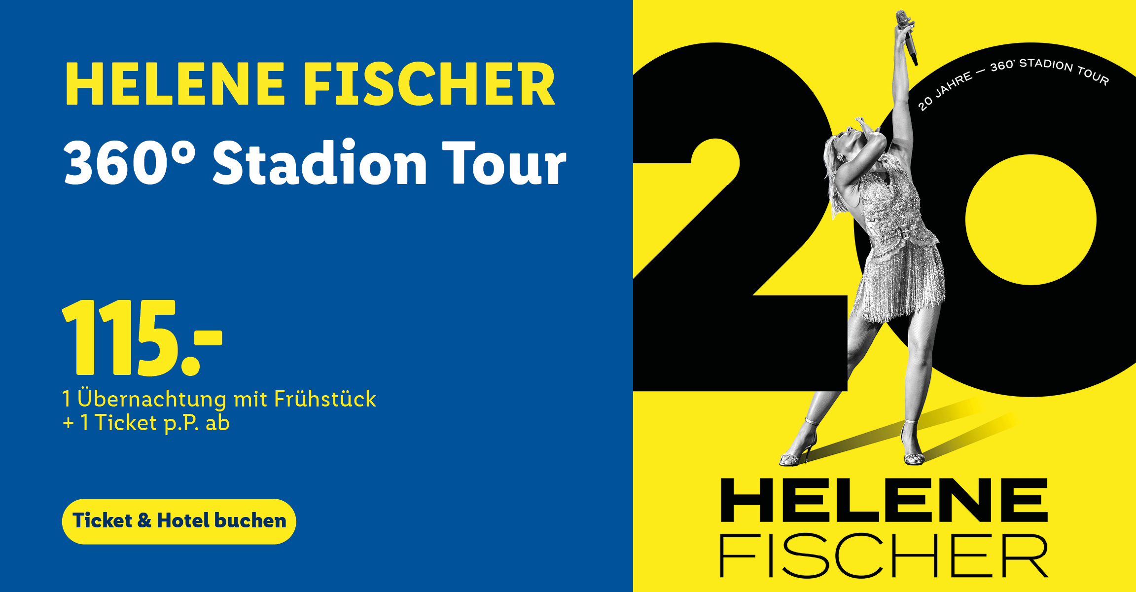 Helene Fischer 360° Stadion Tour. 1 Übernachtung mit Frühstück + 1 Ticket p.P. ab 115€. Ticket & Hotel buchen. Rechts daneben werden vier quadratische Motive in den Farben Türkis, Gelb, Hellblau und Pink gezeigt. Jedes Motiv kombiniert ein Foto von Helene Fischer mit einer großen schwarzen „20“ und nennt die Tourdaten für Frankfurt (19.06.), Köln (26.06.), Hannover (07.07.) und Zürich (14.07.).