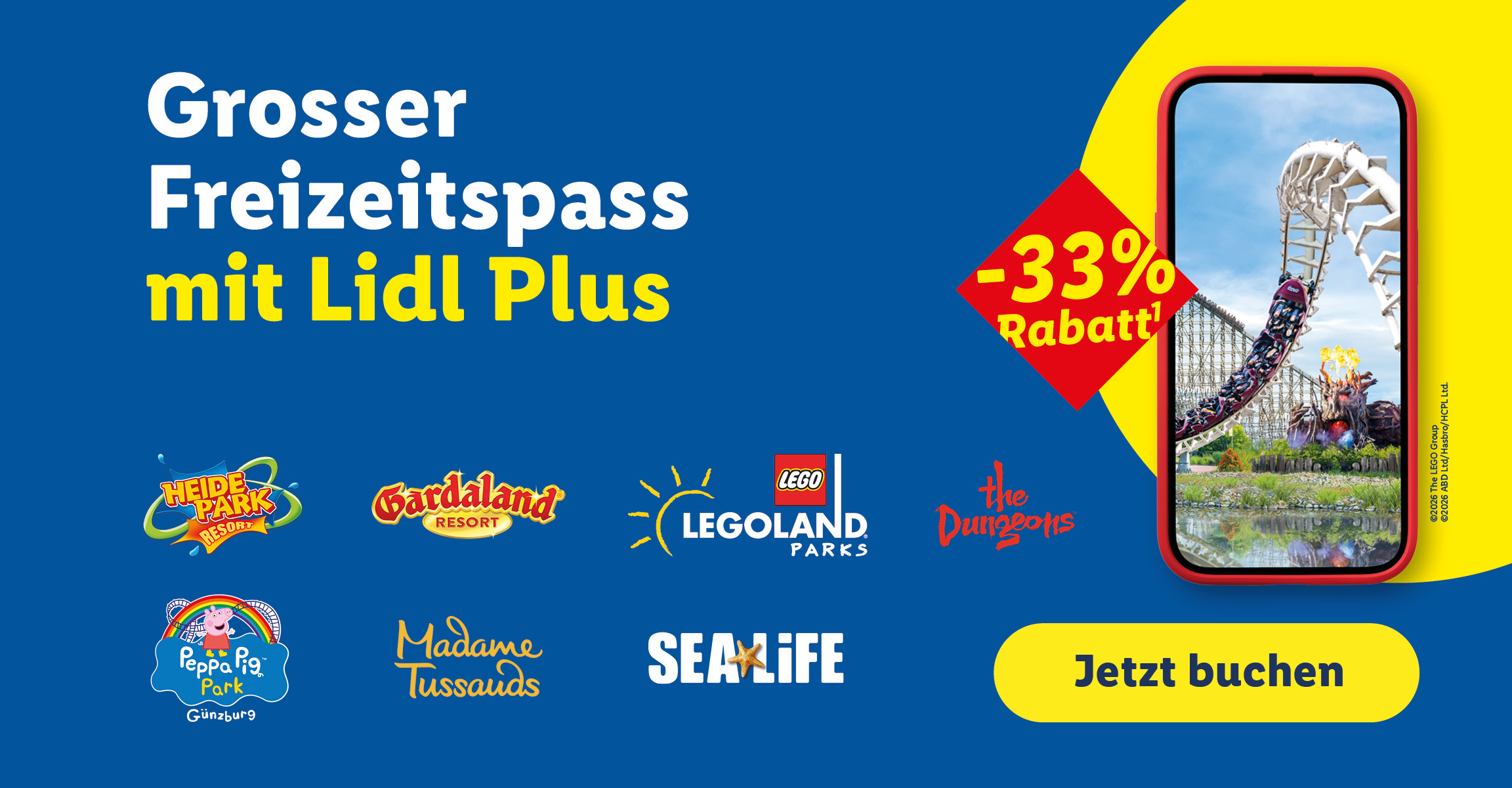 Grosser Freizeitspass mit Lidl Plus lohnt sich.  -33% Rabatt. jetzt buchen. Heide Park Resort, Gardaland Resort, Legoland Parks, The Dungeons, Peppa Pig Park, Madame Tussauds, Sea Life.