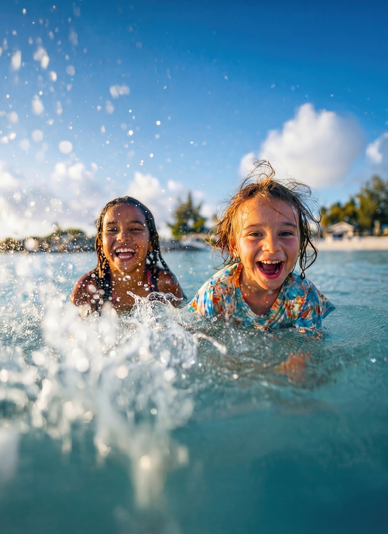Zwei fröhlich lachende Kinder planschen im klaren Meerwasser vor einem hellen Sandstrand. Früh buchen & kräftig sparen lohnt sich. AI