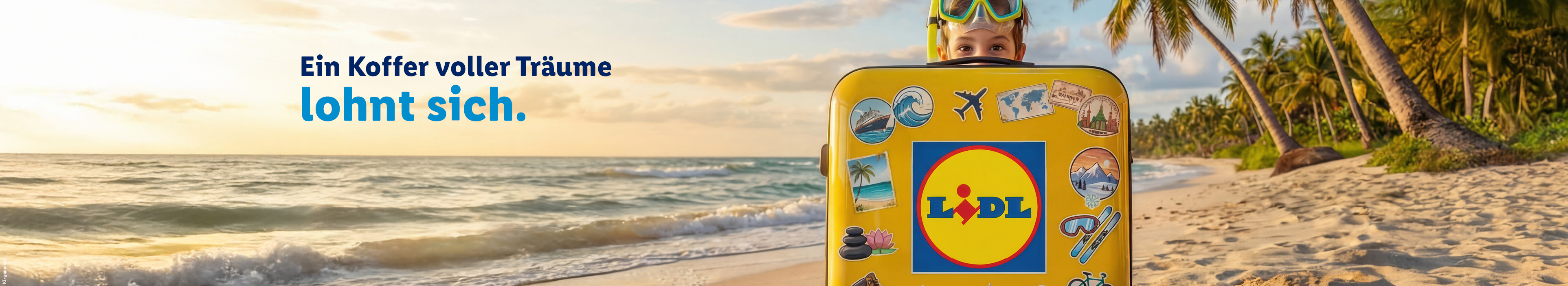 Ein Koffer voller Träume lohnt sich. Ein Kind mit Taucherbrille schaut hinter einem gelben Rollkoffer hervor, der mit bunten Reisestickern und dem Lidl-Logo beklebt ist. Im Hintergrund sieht man einen tropischen Sandstrand mit Palmen und sanften Wellen.