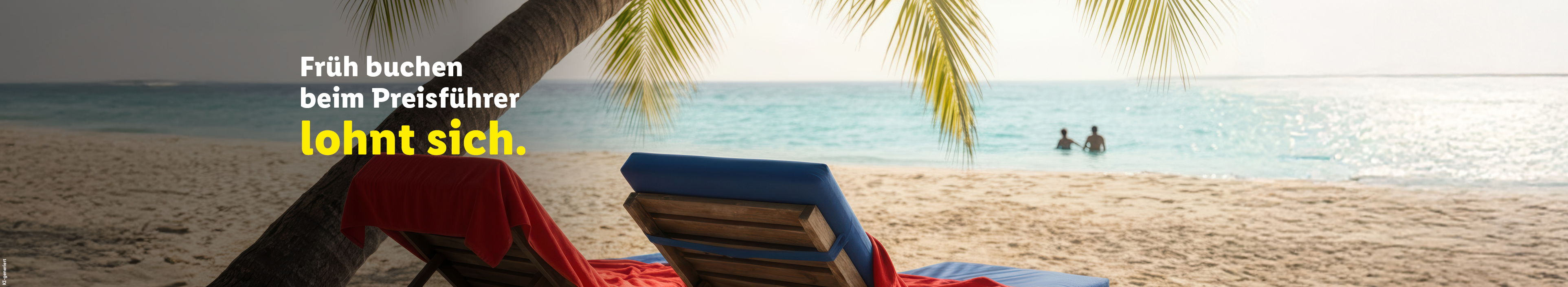 Zwei Sonnenliegen unter einer Palme m Strand.