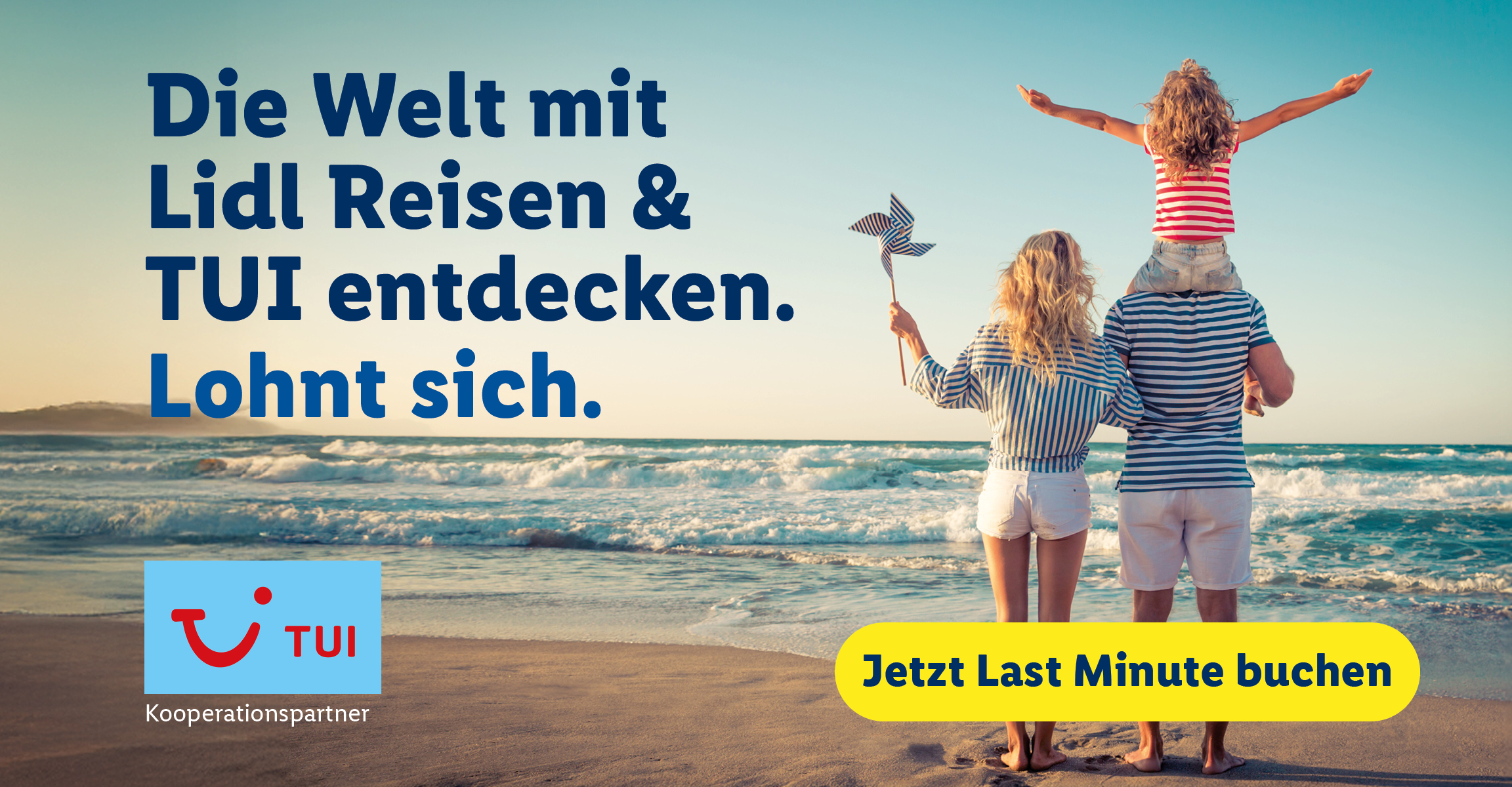 Die Welt mit Lidl Reisen & TUI entdecken. Lohnt sich. TUI-Logo mit dem Zusatz „Kooperationspartner“ Jetzt Last Minute buchen.