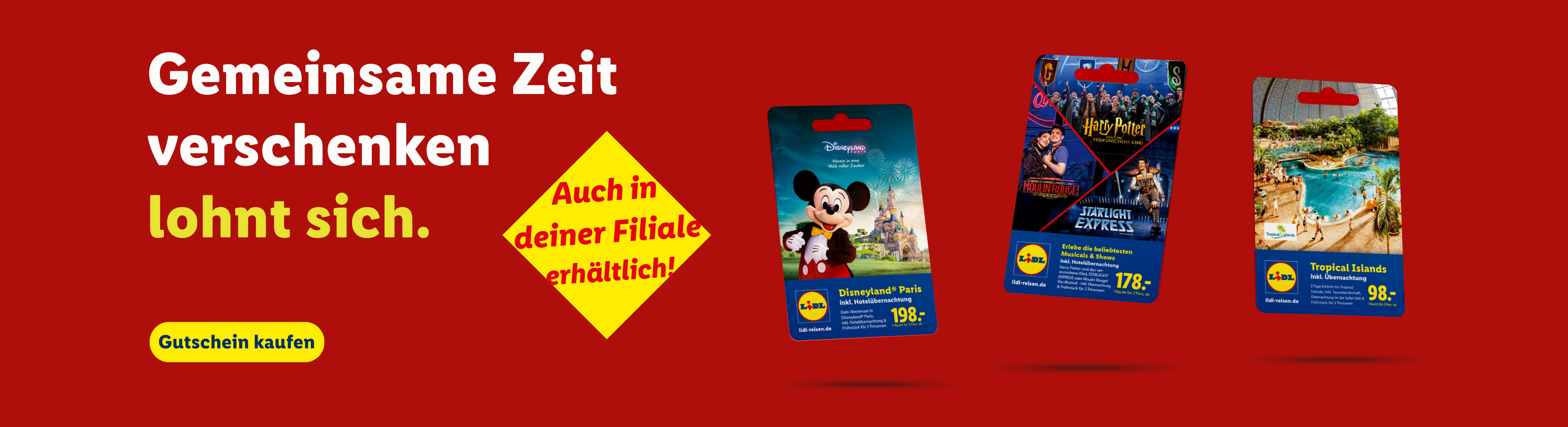 Gutscheinkarten für Lidl Experiences. Verschenke einen Besuch in Disney Land Paris, Tropical Island oder einem Musical. Jetzt in der Lidl Filiale erhältlich.